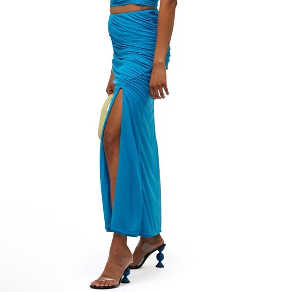NWT Simon Miller Swizzy Slit Ruched Gathered Taffy Blue Midi Skirt size small - Picture 2 of 10